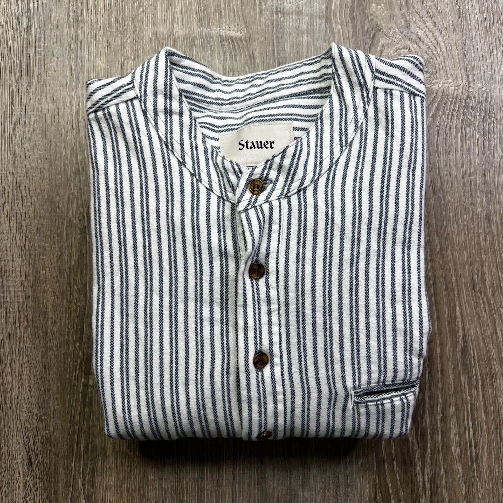 Stauer Shirt Mens L Large Blue Pinstripe Grandfather Popover Collarless Irish